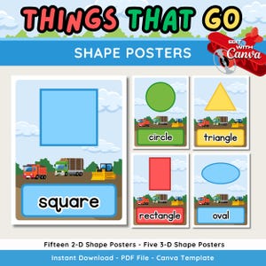 Pode incluir: Cartazes educativos de formas com um quadrado azul, um círculo verde, um triângulo amarelo, um retângulo vermelho e um oval azul. Cada forma é rotulada com seu nome e inclui ilustrações de veículos de construção. Download imediato.