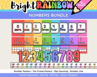 Bundel met Bright Rainbow-nummerposters: tellen overslaan, tien kaders, getallenlijn (digitale download)