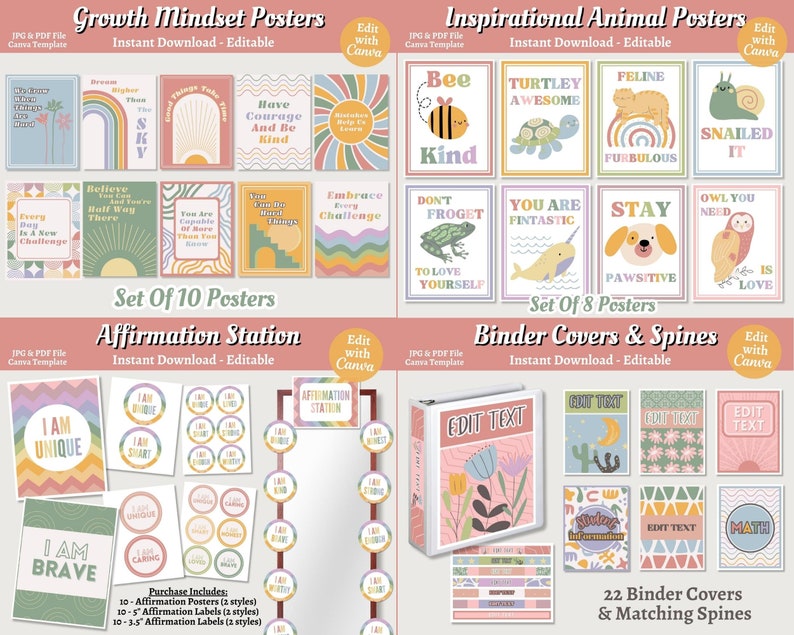 Boho Rainbow Classroom Decor Bundle: Teacher Printables (canva Template ...