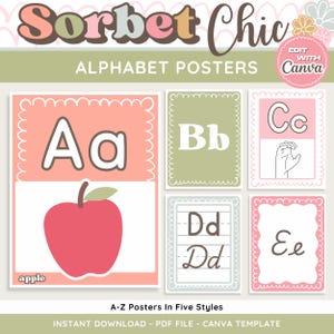Può includere: Poster dell'alfabeto a tema "Sorbet Chic". I poster presentano le lettere dalla A alla E, con illustrazioni di una mela e della lingua dei segni. I poster sono in vari colori, tra cui rosa, verde e bianco.