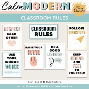 May include: Set of 10 classroom rules posters with a modern, minimalist design. The posters feature a variety of colors, including pink, blue, yellow, and black. The text on the posters is in a bold, sans-serif font. The posters are designed to be printed and displayed in a classroom.