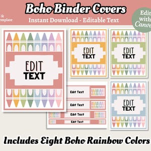 May include: Eight printable boho binder covers featuring a rainbow crayon pattern. The covers are editable and can be personalized with text. The text on the covers reads "Edit Text".