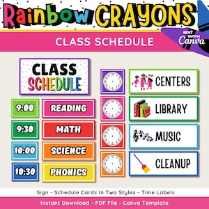 Rainbow Crayon Classroom Schedule: Printable, Editable Bulletin Board (Instant Download, Canva Edit)