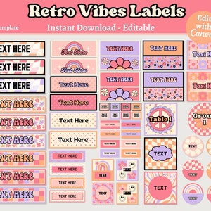 Retro druckbare Etiketten, bearbeitbare Klassenzimmeretiketten, Groovy Etiketten, Klassenzimmerorganisation, sofortiger Download, Lehrer Canva Vorlage