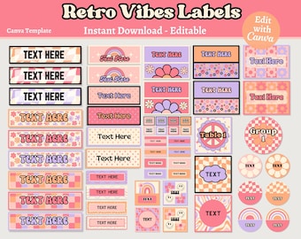 Retro Printable Labels, Editable Classroom Labels, Groovy Labels, Classroom Organization, Instant Download, Teacher Canva Template
