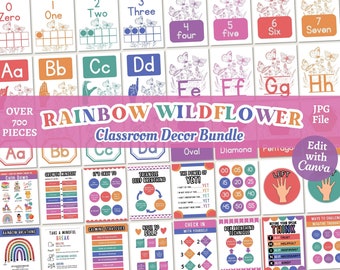 May include: A set of colorful printable classroom decor featuring rainbow wildflowers, numbers, letters, and educational posters. The posters include themes like calming strategies, growth mindset, and mindful breathing. The text "RAINBOW WILDFLOWER Classroom Decor Bundle" is displayed in a pink banner.