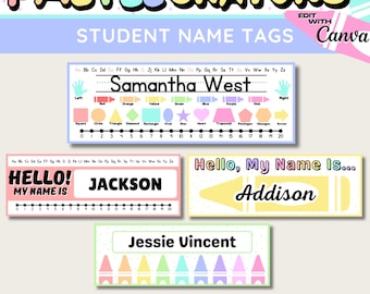 Puede incluir: Etiquetas de nombre de estudiante con crayones pastel con cuatro estilos diferentes. Una etiqueta dice "Samantha West" con formas y colores. Otra dice "Hello, My Name Is... Addison" con un gráfico de crayón. La última etiqueta dice "Jessie Vincent".
