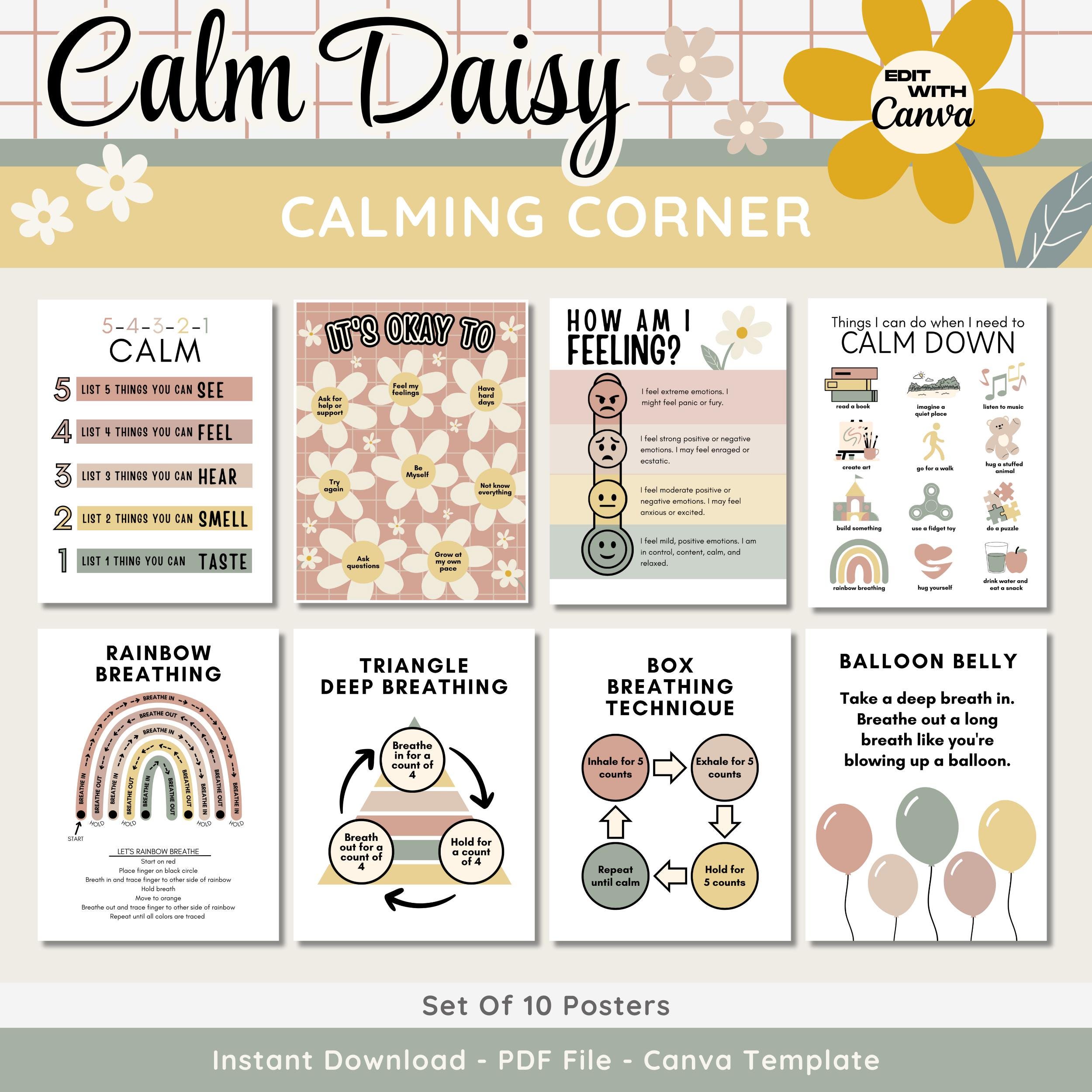 Calming Corner Posters: Kids Breathing Exercises, Daisy Decor (canva ...