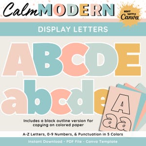 Calm Modern A-Z Display Letters For Bulletin Boards, Printable & Editable Cut Out Letters, Pastel Classroom Decor, Teacher Canva Template