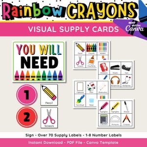 Cartes de fournitures visuelles arc-en-ciel, instructions imprimables et modifiables pour les élèves, étiquettes de fournitures, thème déco de salle de classe arc-en-ciel, téléchargement immédiat