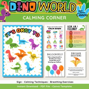 Kit för lugnande hörn med dinosaurier: Klassrumsdekor, redigerbara tekniker (Canva-mall, digital nedladdning)