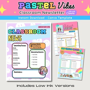 Pastel Classroom Newsletter Template: Editable School News (Canva Template, Digital Download)