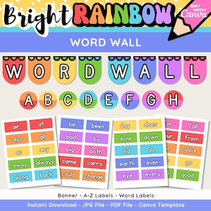 Bright Rainbow Word Wall Display, Editable Classroom Sight Word Bulletin Board , Elementary Word Wall Kit, Bright Rainbow Classroom Decor
