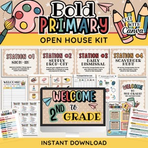 May include: A digital kit for an open house featuring classroom signs, station labels, and welcome sheets. The graphics include colorful pencils, a paint palette, and paper airplanes. Text includes Bold Primary Open House Kit and Welcome to 2nd Grade.