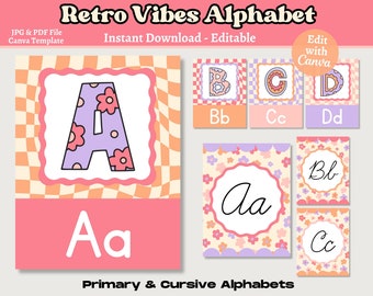 Retro Vibes Alphabet Bundle, Editable Retro A-Z Posters, Elementary Alphabet Prints, Printable Primary & Cursive Alphabets, Teacher Posters