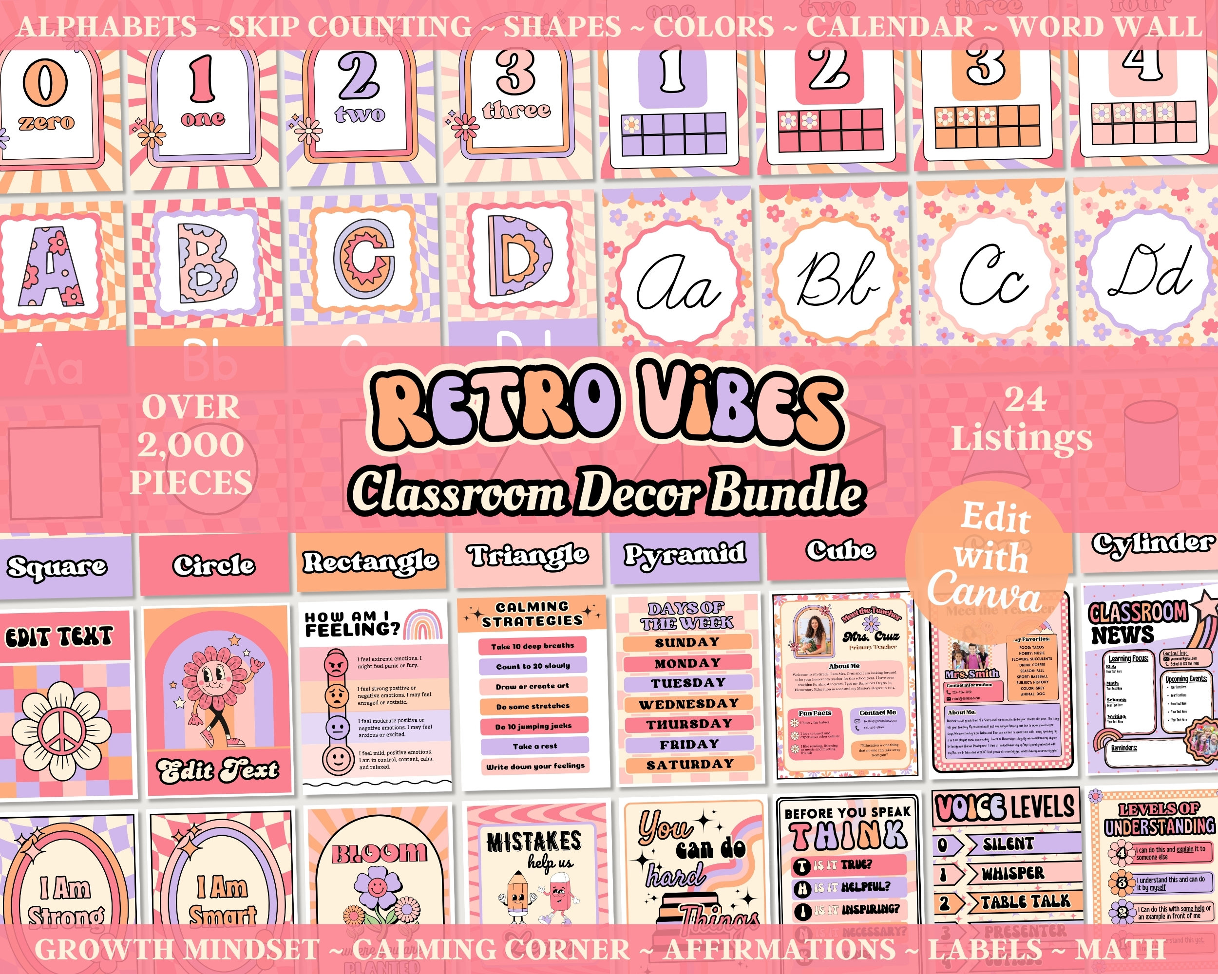 Retro Classroom Decor Bundle, Printable Editable Classroom Displays, Classroom Management and Organization, Teacher Canva Templates