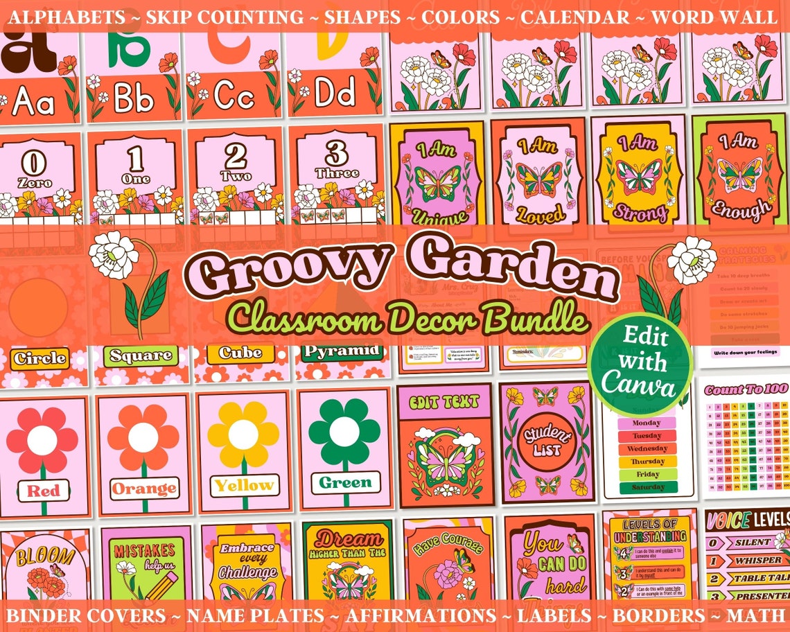 Groovy Garden Classroom Decor Bundle: Retro Floral Posters (canva ...