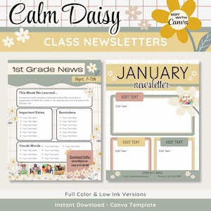 Class Newsletter Printable, Editable Teacher Monthly Newsletter, Boho Modern Calm Daisy Classroom Decor, Teacher Canva Template