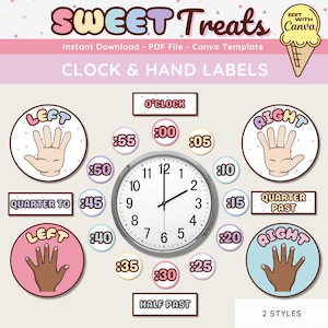Classroom Pastel Clock Labels, Left & Right Hand Posters, Printable Pastel Classroom Decor, Editable Canva Template
