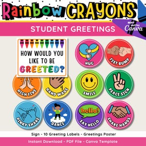 Rainbow Crayon Student Greetings Display Kit, Printable & Editable Classroom Greetings Poster, Classroom Management, Instant Download