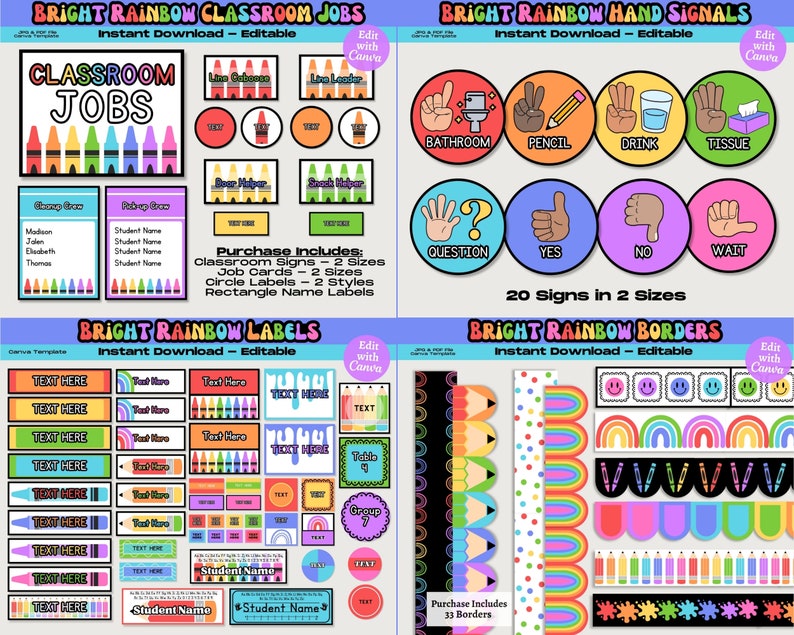 Bright Rainbow Classroom Decor Bundle: Editable Teacher Printables ...
