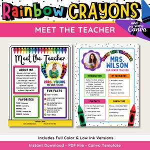 Plantilla de presentación para el maestro con crayones arcoíris, imprimible y editable, carta de presentación para el primer día de clases, descarga instantánea