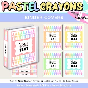 Pastel Crayon Binder Covers & Spines: Editable Teacher Classroom Organization (Canva Template, Instant Download)