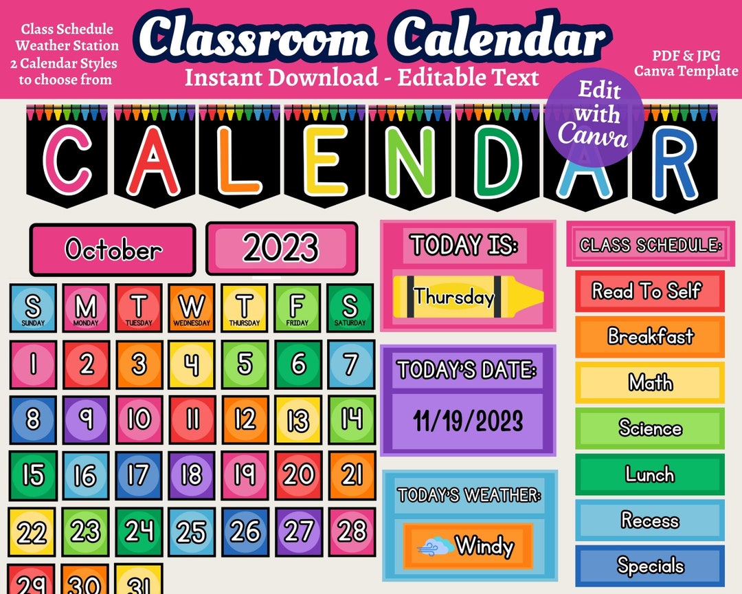 Rainbow Crayons Calendar Bundle, Editable Classroom Calendar, Canva