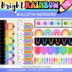 Helle Regenbogen-Grenzen, bearbeitbare Bulletin-Grenzen für Klassenzimmer, anpassbare Ränder, Canva-Vorlage, Regenbogen-Klassenzimmerdekor, Lehrer-Grenzen