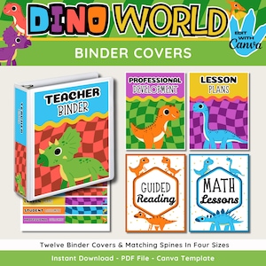 May include: Dino World binder covers with dinosaur illustrations. The covers include "Teacher Binder", "Professional Development", "Lesson Plans", "Guided Reading", and "Math Lessons". The text "Dino World" is at the top. The image includes the text "Edit with Canva".