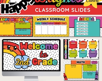 Happy Rainbow Classroom Slides, Editable Daily Teacher Presentation Slides, Bold Rainbow Classroom Decor, Canva Template