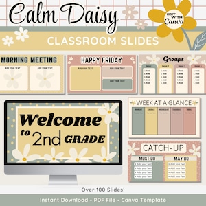 Boho Daisy Classroom Slides: Editable Teacher Canva Template (Digital Download)