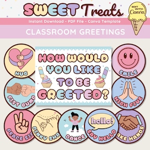 May include: A printable classroom greeting chart with the text "How would you like to be greeted?" and colourful icons representing different greetings, such as hug, fist bump, high five, peace sign, pinky shake, dance, say hello, and shake hands.