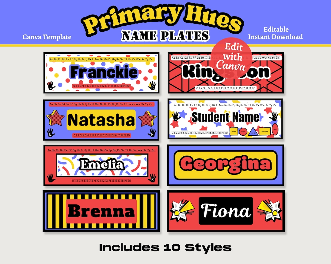 Primary Hues Student Name Plates, Printable & Editable Name Tags, Student Desk Labels, Instant ...