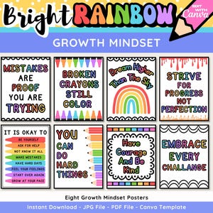 Bright Rainbow Growth Mindset Printable Posters, Editable Kids Motivational Posters, Classroom Decor, Instant Download, School Posters