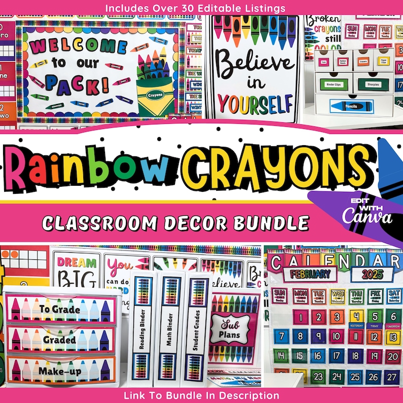 Puede incluir: Un paquete de decoraci&oacute;n para el aula con tem&aacute;tica de crayones arco&iacute;ris. Incluye letreros que dicen "Welcome to our Pack!" y "Believe in Yourself". Tambi&eacute;n presenta un calendario para febrero de 2025 y etiquetas para la organizaci&oacute;n del aula.