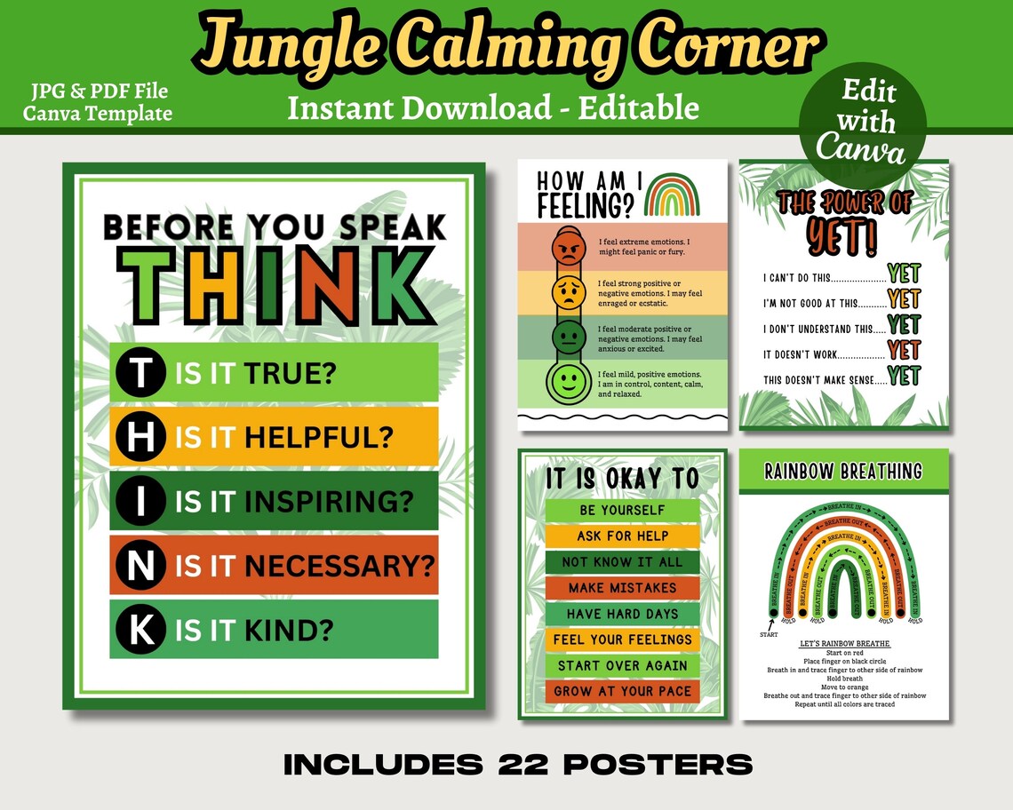 Jungle Calming Corner Posters: Breathing Techniques, Growth Mindset ...