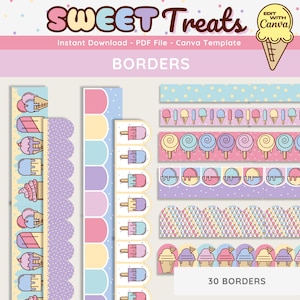 May include: A set of 30 printable borders featuring various ice cream and sweet treats in pastel colors. The borders are designed for use in Canva and are perfect for adding a fun and whimsical touch to your projects.