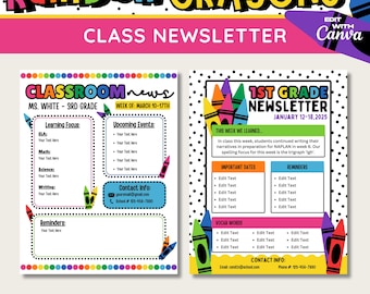 Plantilla de boletín informativo para el aula con crayones arcoíris: imprimible y editable (descarga instantánea)