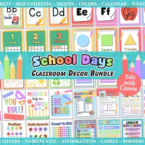 Editable Complete Classroom Decor Bundle, Printable Bright Rainbow Classroom Decor, Classroom Posters, Canva Template, Instant Download