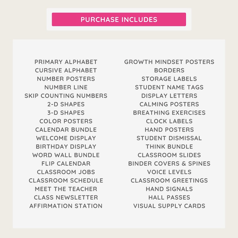 Puede incluir: Un rect&aacute;ngulo rosa con el texto "PURCHASE INCLUDES" en la parte superior. Debajo, una lista de recursos para el aula, que incluye el alfabeto, carteles de n&uacute;meros, formas, paquete de calendario y trabajos en el aula. La lista tambi&eacute;n incluye carteles de mentalidad de crecimiento y etiquetas de nombres de estudiantes.