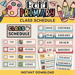 以下が含まれることがあります： Bold Primary Class Scheduleというテキストが記載されたデジタル時間割テンプレート。時計アイコン、時間、Math、Reading、Phonics、Science、Centers、Library、Snackなどの教科名が書かれた様々な長方形のラベルが含まれています。
