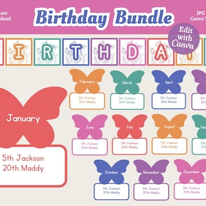 Rainbow Wildflower Birthday Bundle, Learning Decor, Editable Birthday Bulletin Board, Teacher Template, Butterfly Classroom Birthday Bundle
