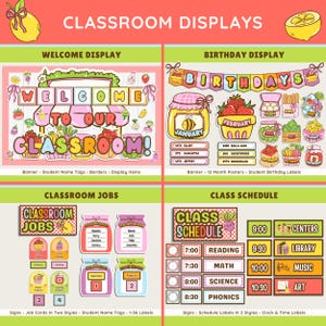 K&ouml;nnte beinhalten: Ein farbenfrohes Klassenzimmer-Display-Set mit dem Text "CLASSROOM DISPLAYS". Enth&auml;lt Willkommens-, Geburtstags-, Job- und Stundenpl&auml;ne. Die Willkommensanzeige lautet "WELCOME TO OUR CLASSROOM!".