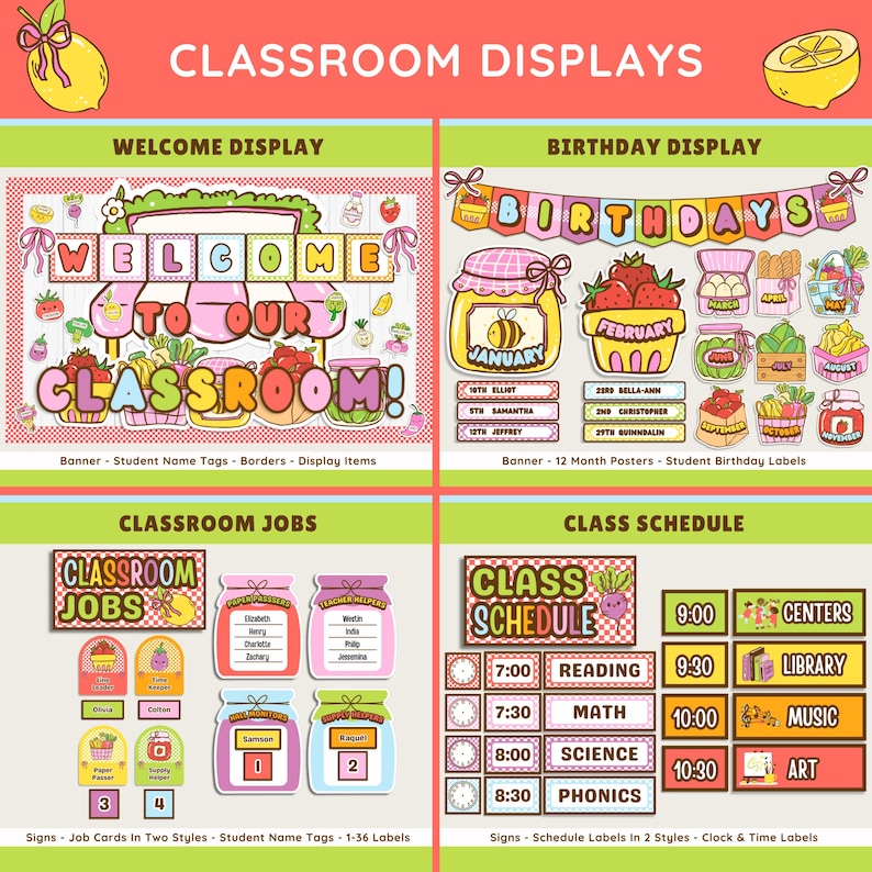 K&ouml;nnte beinhalten: Ein farbenfrohes Klassenzimmer-Display-Set mit dem Text "CLASSROOM DISPLAYS". Enth&auml;lt Willkommens-, Geburtstags-, Job- und Stundenpl&auml;ne. Die Willkommensanzeige lautet "WELCOME TO OUR CLASSROOM!".