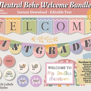 Neutral Boho Welcome Bundle, Editable Classroom Decor, Canva Template Teacher Printable, Bulletin Board Letters, Classroom Welcome Printable