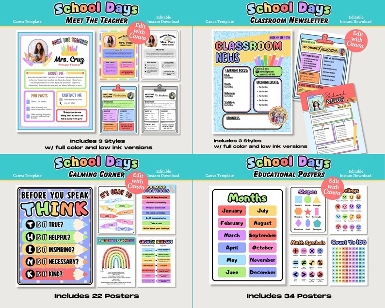 Bright Rainbow Classroom Decor Bundle: Editable Posters (canva Template ...