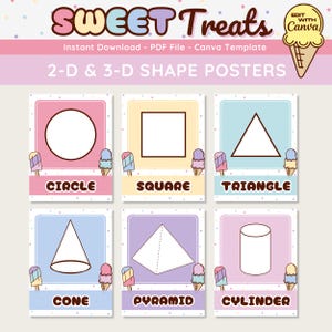 Pode incluir: Carteles imprimíveis que apresentam formas 2D e 3D, incluindo um círculo, um quadrado, um triângulo, um cone, uma pirâmide e um cilindro. Cada forma é ilustrada com um simples desenho de linha e etiquetada com o seu nome. Os cartazes têm um fundo colorido com um tema de doces.