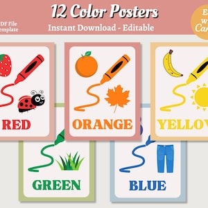Satz von 12 Farbpostern, bearbeitbarer Lehrer druckbar, Pre-K-Vorschule Kindergarten-Farbposter, anpassbare Vorlage, sofortiger Download