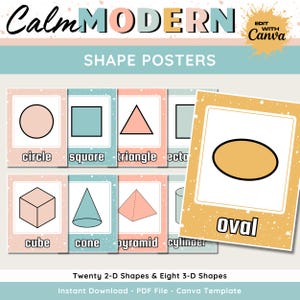 Pode incluir: Um conjunto de cartazes imprimíveis que apresentam formas 2D e 3D. Os cartazes têm um design moderno e minimalista com cores pastel e contornos pretos. As formas incluem um círculo, um quadrado, um triângulo, um retângulo, um oval, um cubo, um cone, uma pirâmide e um cilindro. O texto "Twenty 2-D Shapes & Eight 3-D Shapes" está na parte inferior da imagem.